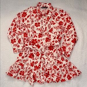 Zara Red and White Bright Floral Mini Button up Dress